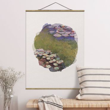 Stoffbild mit Posterleisten - Wasserfarben - Claude Monet - Seerosen - Hochformat 3:4