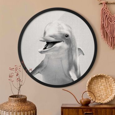 Rundes Gerahmtes Bild - Delfin Diddi Schwarz Weiß