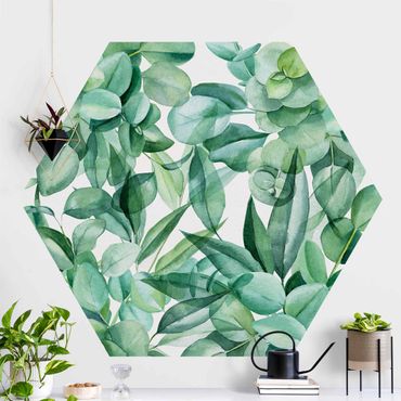 Hexagon Mustertapete selbstklebend - Dickicht Eukalyptusblätter Aquarell