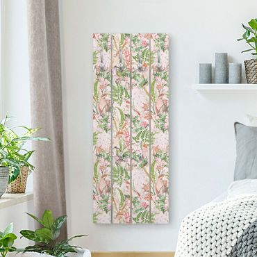 Wandgarderobe Holz - Rosa Kakadus mit Blumen - Haken chrom Hochformat