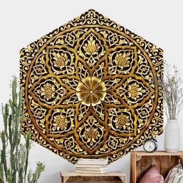 Hexagon Fototapete selbstklebend - Edles Mandala in Holzoptik