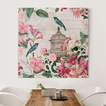 Leinwandbild - Shabby Chic Collage - Rosa Blüten und blaue Vögel - Quadrat 1:1