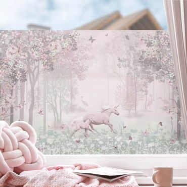 Fensterfolie - Sichtschutz - Einhorn auf Blumenwiese in Rosa - Fensterbilder