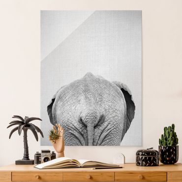 Glasbild - Elefant von hinten Schwarz Weiß - Hochformat