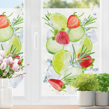 Fensterfolie - Sichtschutz - Erdbeeren Limetten Eiswürfel Splash - Fensterbilder