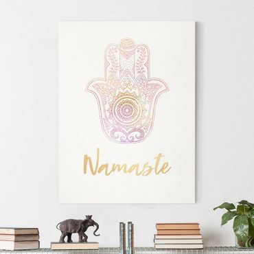 Leinwandbild - Hamsa Hand Illustration Namaste gold rosa - Hochformat 4:3