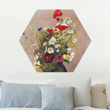 Hexagon Bild Alu-Dibond - Odilon Redon - Blumenvase mit Mohn