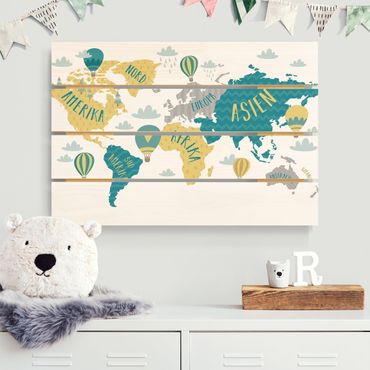 Holzbild - Weltkarte mit Heißluftballon - Querformat 2:3
