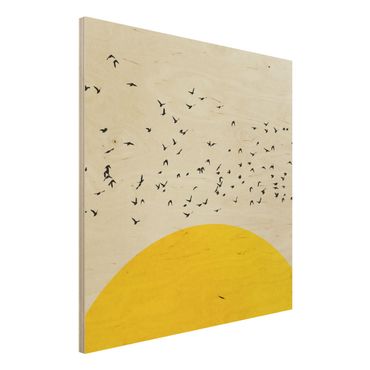 Holzbild - Vogelschwarm vor gelber Sonne - Quadrat 1:1