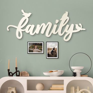Wanddeko Holz 3D-Schriftzug Family mit Spatzen