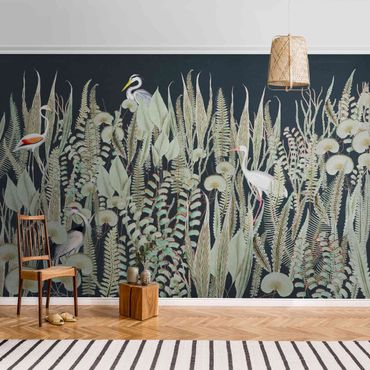 Metallic Tapete  - Flamingo und Storch mit Pflanzen auf Grün