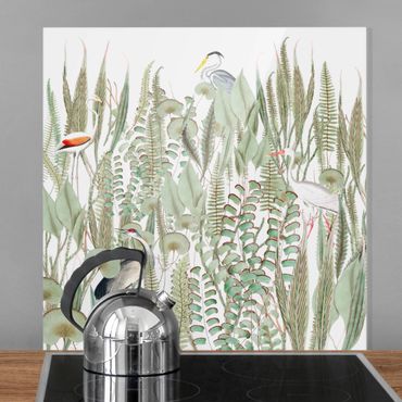 Spritzschutz Glas - Flamingo und Storch mit Pflanzen - Quadrat 1:1