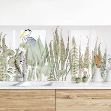 Küchenrückwand - Flamingo und Storch mit Pflanzen