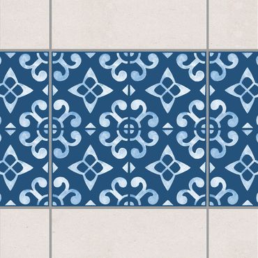 Fliesen Bordüre - Dunkelblau Weiß Muster Serie No.05 - 15cm x 15cm Fliesensticker Set