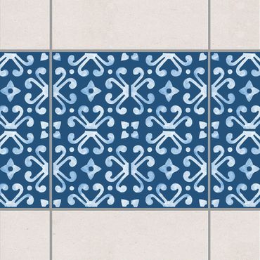 Fliesen Bordüre - Dunkelblau Weiß Muster Serie No.07 - 15cm x 15cm Fliesensticker Set
