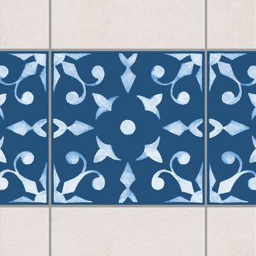 Fliesen Bordüre - Muster Dunkelblau Weiß Serie No.6 - 10cm x 10cm Fliesensticker Set