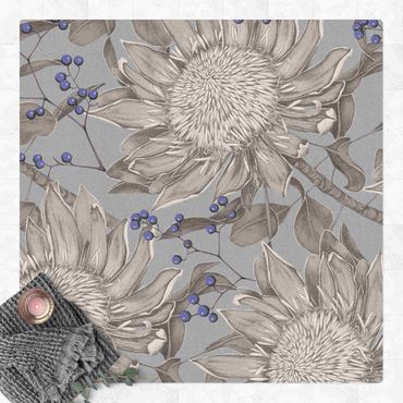 Kork-Teppich - Florale Eleganz Blaubeeren - Quadrat 1:1