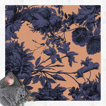 Kork-Teppich - Floraler Kupferstich Geflecht Nachtblau - Quadrat 1:1