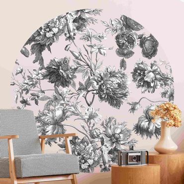 Runde Tapete selbstklebend - Floraler Kupferstich Graubeige