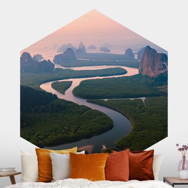 Hexagon Fototapete selbstklebend - Flusslandschaft in Thailand