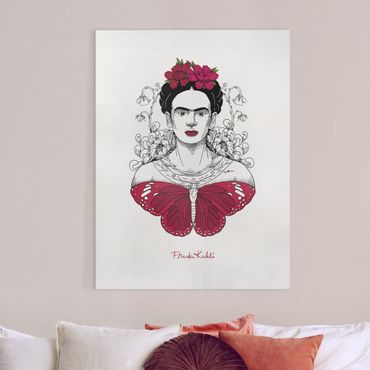 Leinwandbild - Frida Kahlo Portrait mit Blüten und Schmetterling - Hochformat 3:4
