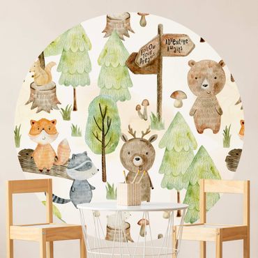 Runde Tapete selbstklebend - Fuchs und Bär mit Bäumen