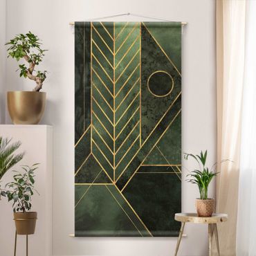 Wandteppich - Geometrische Formen Smaragd Gold - Hochformat 1:2