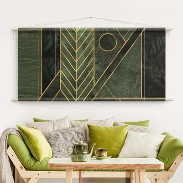 Wandteppich - Geometrische Formen Smaragd Gold - Querformat 2:1