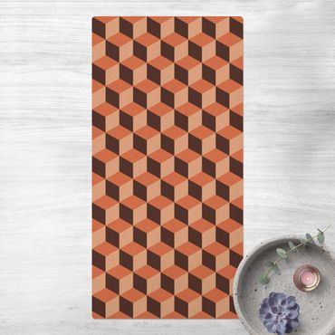Kork-Teppich - Geometrischer Fliesenmix Würfel Orange - Hochformat 1:2
