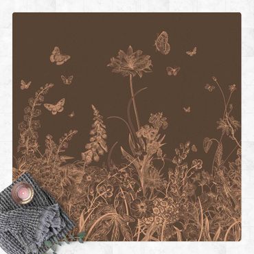 Kork-Teppich - Große Blumen mit Schmetterlingen in Grau - Quadrat 1:1