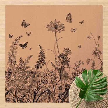 Kork-Teppich - Große Blumen mit Schmetterlingen in Schwarz - Quadrat 1:1