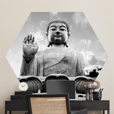 Hexagon Mustertapete selbstklebend - Großer Buddha Schwarz-Weiß