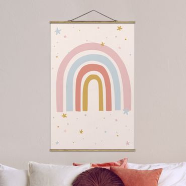 Stoffbild mit Posterleisten - Großer Regenbogen mit Sternen und Pünktchen - Hochformat 2:3