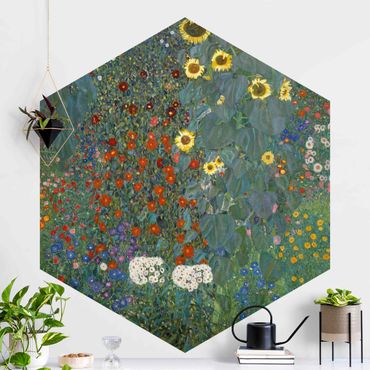 Hexagon Mustertapete selbstklebend - Gustav Klimt - Garten Sonnenblumen