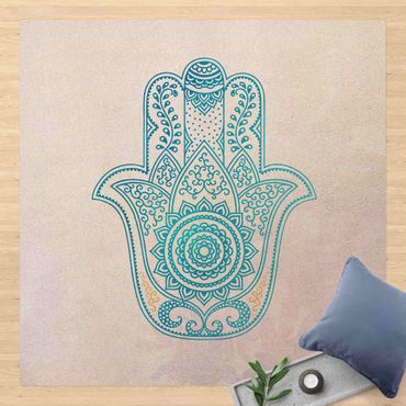 Kork-Teppich - Hamsa Hand Illustration Mandala gold blau - Quadrat 1:1