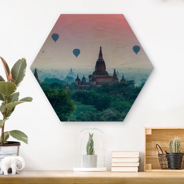 Hexagon Bild Holz - Heißluftballons über Tempelanlage