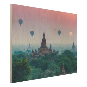 Holzbild - Heißluftballons über Tempelanlage - Querformat