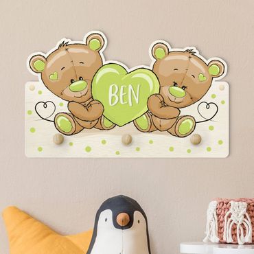 Kindergarderobe Holz - Herz Bären mit Wunschnamen grün