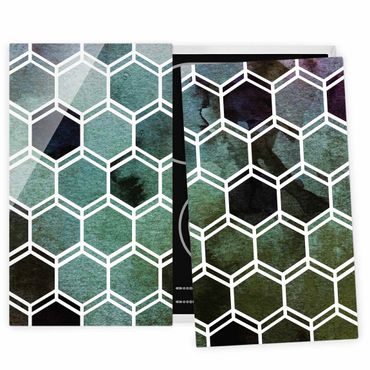Herdabdeckplatte Glas - Hexagonträume Aquarell in Grün