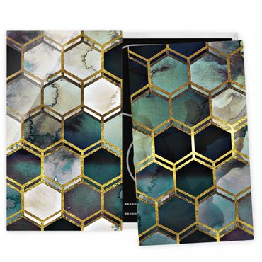 Herdabdeckplatte Glas - Hexagonträume Aquarell mit Gold