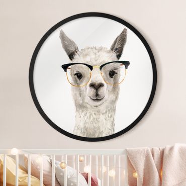 Rundes Gerahmtes Bild - Hippes Lama mit Brille I
