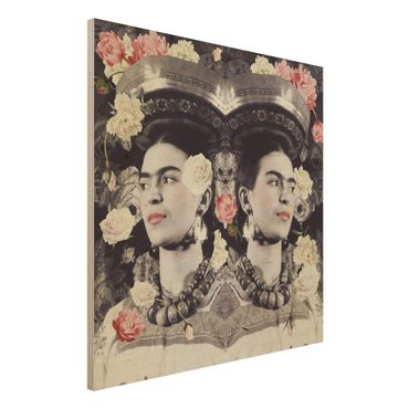 Holzbild -Frida Kahlo - Blumenflut- Quadrat 1:1