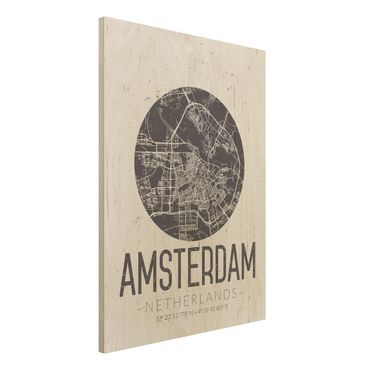 Holzbild -Stadtplan Amsterdam - Retro- Hochformat 3:4