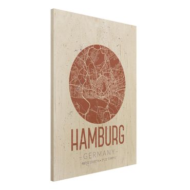 Holzbild -Stadtplan Hamburg - Retro- Hochformat 3:4