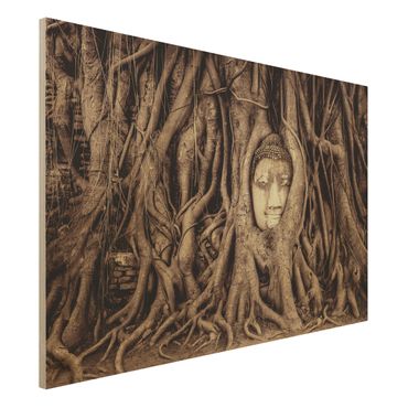 Holzbild - Buddha in Ayutthaya von Baumwurzeln gesäumt in Braun - Quer 3:2