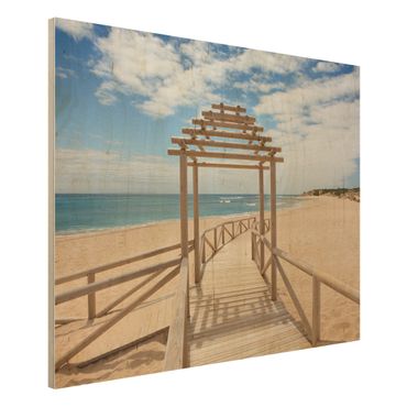 Holzbild Strand - Strandpfad zum Meer in Andalusien - Quer 4:3