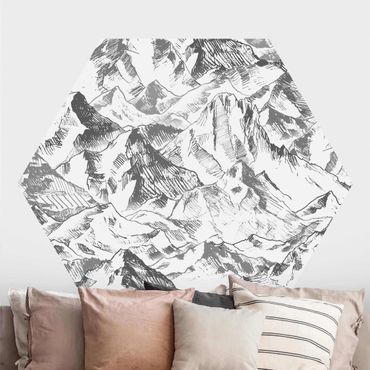 Hexagon Fototapete selbstklebend - Illustration Berglandschaft Grau