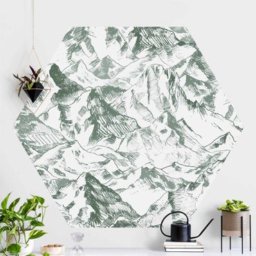 Hexagon Fototapete selbstklebend - Illustration Berglandschaft Grün