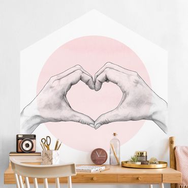 Hexagon Mustertapete selbstklebend - Illustration Herz Hände Kreis Rosa Weiß