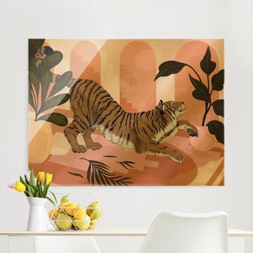 Glasbild - Illustration Tiger in Pastell Rosa Malerei - Querformat 4:3